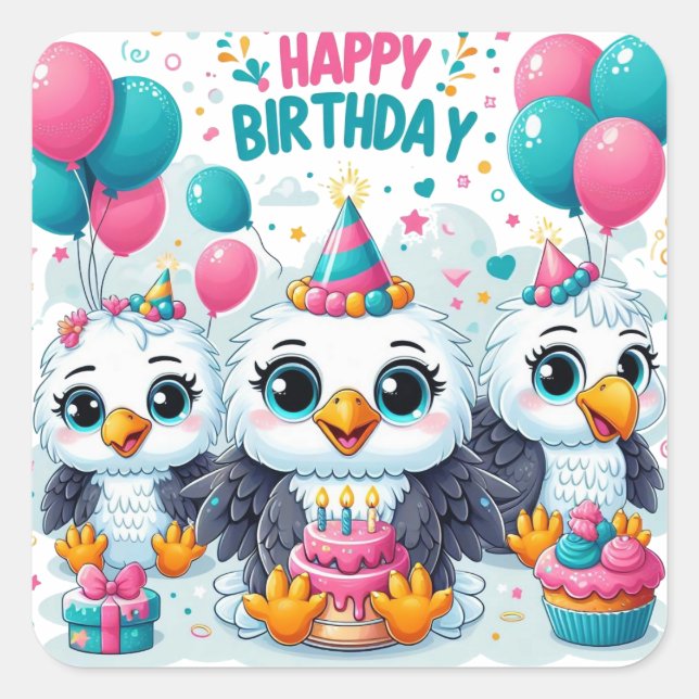 Sticker Carré Joyeux Oiseaux d'anniversaire (Devant)
