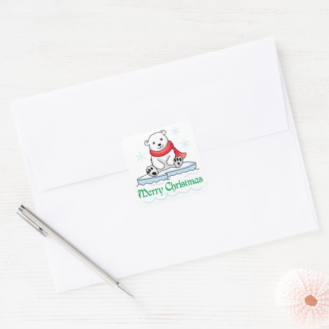 Sticker Carré Joyeux Ours polaire de Noël (Enveloppe)