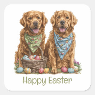 Sticker Carré Joyeux Pâques Golden Retriever Chiens Pâques Panie
