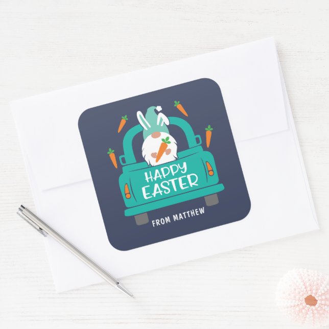 Sticker Carré Joyeux Pâques mignonne moderne Gnome Nom du camion (Enveloppe)