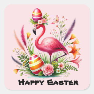 Sticker Carré Joyeux Pâques rose flamingo vacances
