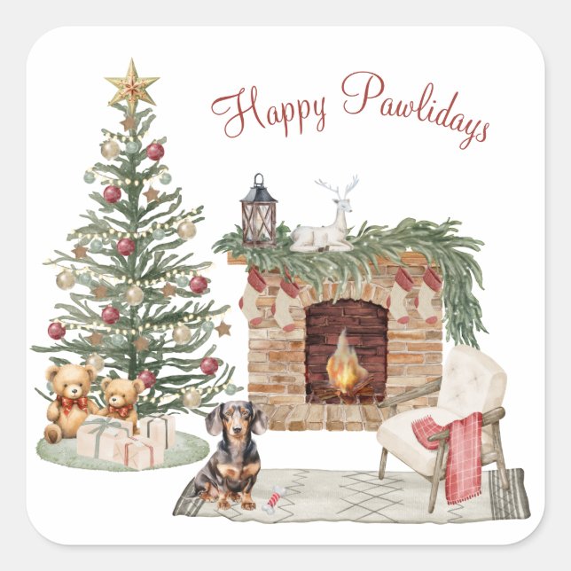 Sticker Carré Joyeux Pawlidays Chien Design - Dachshund (Devant)