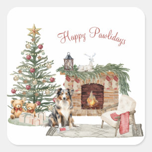 Sticker Carré Joyeux Pawlidays Design de Chien - Berger Australi