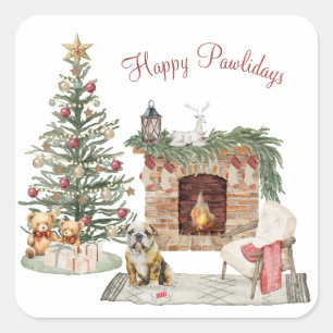 Sticker Carré Joyeux Pawlidays Design de Chien - Bouledogue Angl