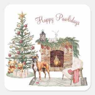 Sticker Carré Joyeux Pawlidays Design de Chien- Boxer