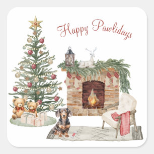 Sticker Carré Joyeux Pawlidays Design de Chien - Dachshund