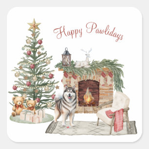 Sticker Carré Joyeux Pawlidays Design de Chien - Malamute d'Alas