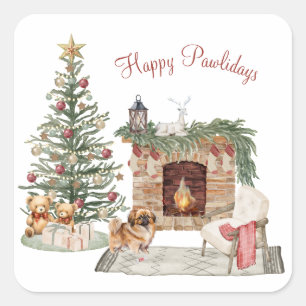 Sticker Carré Joyeux Pawlidays Design de Chien -Pékinois