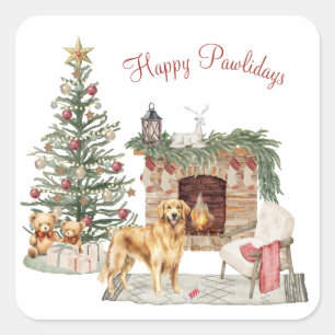 Sticker Carré Joyeux Pawlidays Design de Chien - Retriever doré