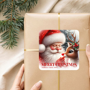 Sticker Carré Joyeux Père Noël personnalisé et Noël avec Rudolph