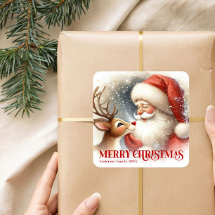 Sticker Carré Joyeux Père Noël Rudolph Enfants Personnalisés Hol