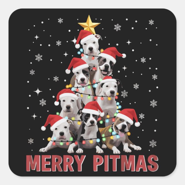 Sticker Carré Joyeux Pitmas Pitbull Dog Tree Noël laid (Devant)