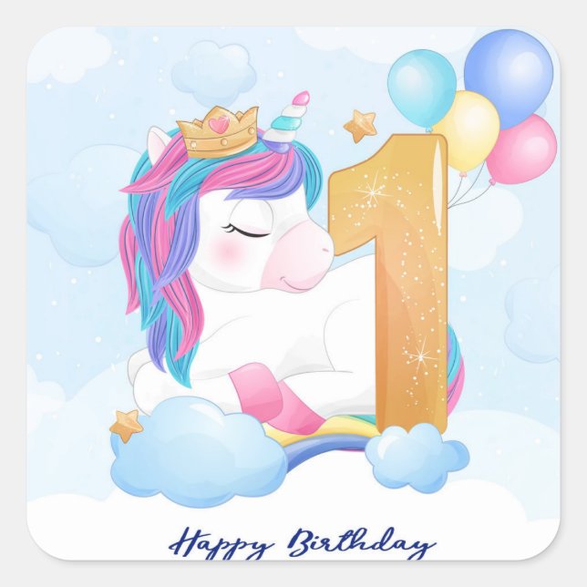 Sticker Carré Joyeux premier anniversaire Unicorn (Devant)