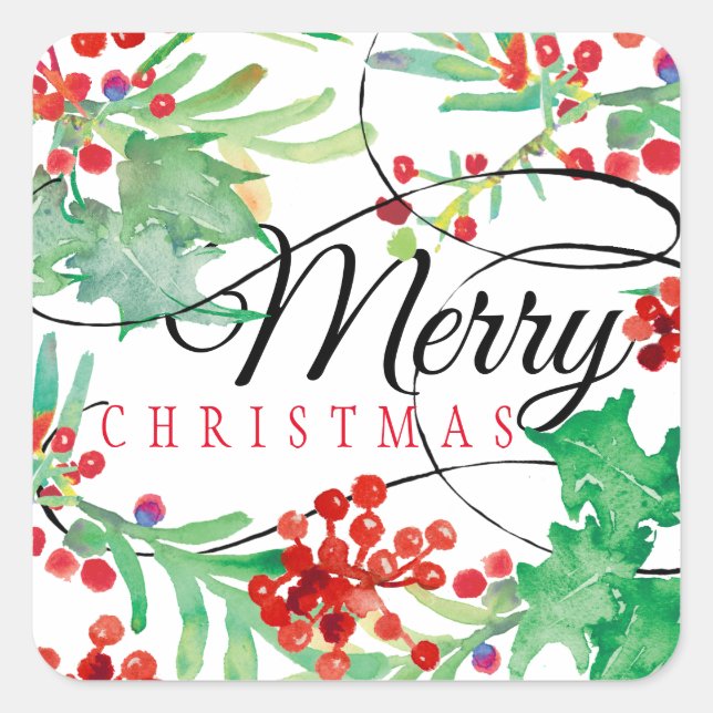 Sticker Carré Joyeux Script de Noël Aquarelle Holly Holiday (Devant)