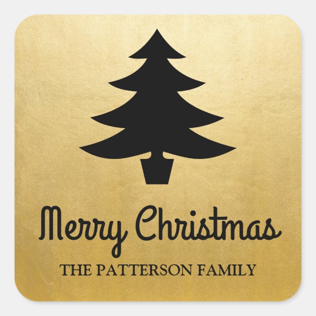 Sticker Carré Joyeux script de Noël | Arbre Faux Gold Foil (Devant)