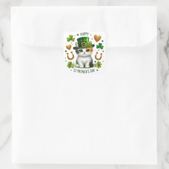 Sticker Carré Joyeux St. Patrick's Day Kitten (Sac)