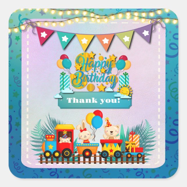 Sticker Carré Joyeux Train D'Anniversaire Avec De Beaux Souhaits (Devant)