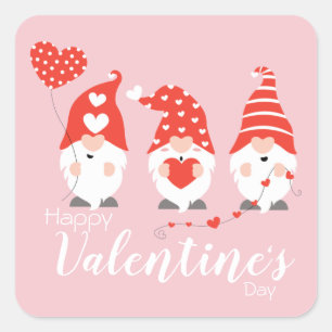 Sticker Carré Joyeux Valentin Gnomes Rouge Rose