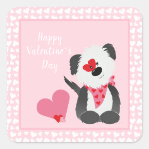 Sticker Carré Joyeux Valentines Jour Coeurs de chiot rose