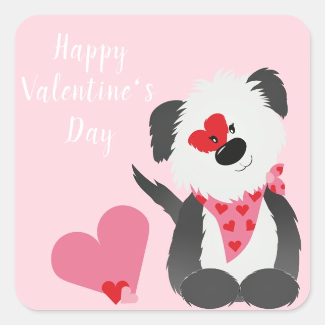 Sticker Carré Joyeux Valentines Jour Coeurs de chiot rose (Devant)