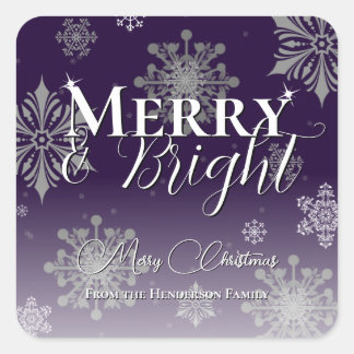 Sticker Carré Joyeux violet et flocons de neige brillants Noël