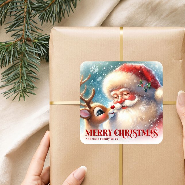Sticker Carré Joyful Santa Rudolph Personalized Christmas Kids   (Joyful Santa Rudolph Personalized Christmas Kids Holiday Sticker

)