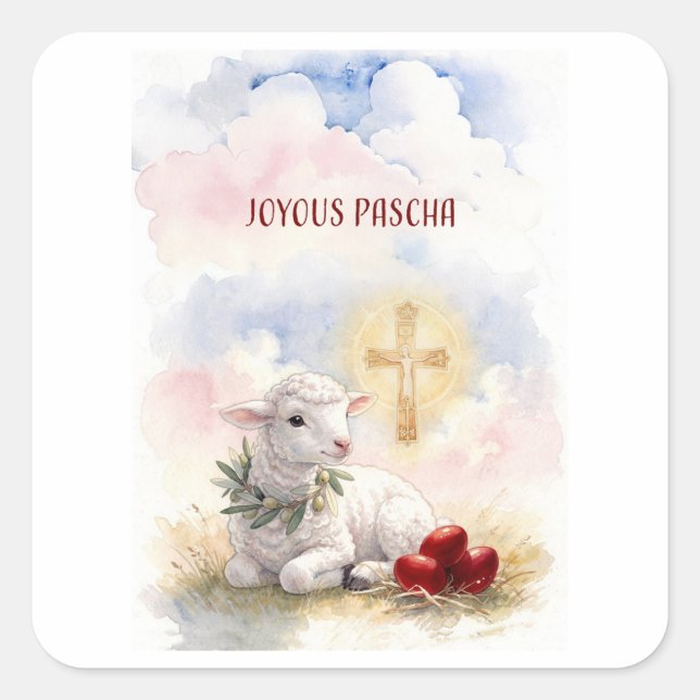 Sticker Carré Joyous Pascha Lamb, Red Eggs and Cross (Devant)