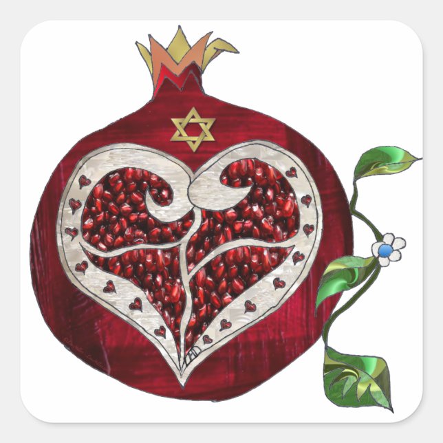 Sticker Carré Judaica Pomegranate Heart Hanoukka Rosh Hashanah (Devant)