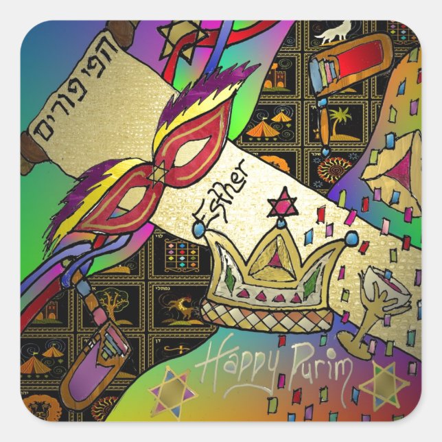 Sticker Carré Judaica Purim Esther Célébration Art Imprimer (Devant)
