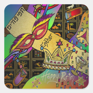 Sticker Carré Judaica Purim Esther Célébration Art Noir Imprimer