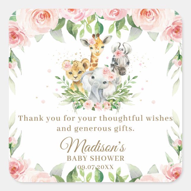 Sticker Carré Jungle Animal Safari rose Floral Girl Baby shower (Devant)