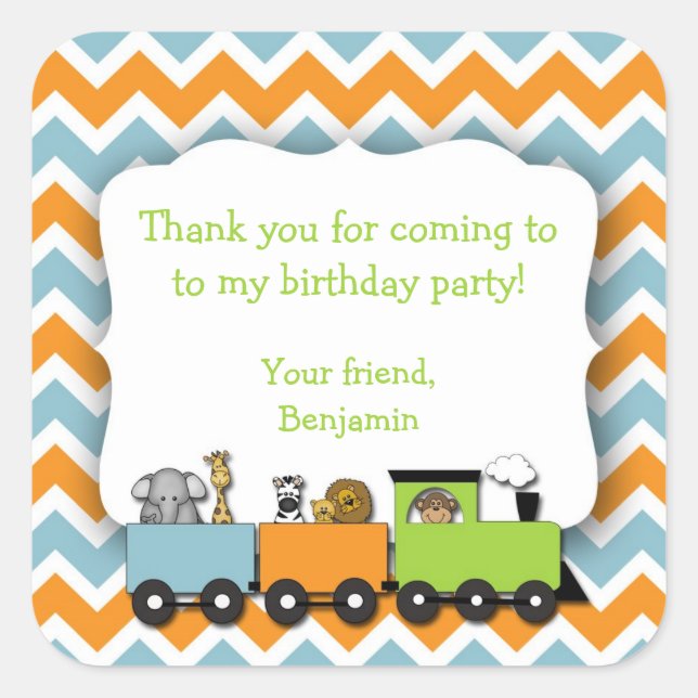 Sticker Carré Jungle Animaux Train Fête Anniversaire Favoriser S (Devant)