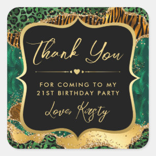 Sticker Carré Jungle Safari Agate Vert et Or Anniversaire