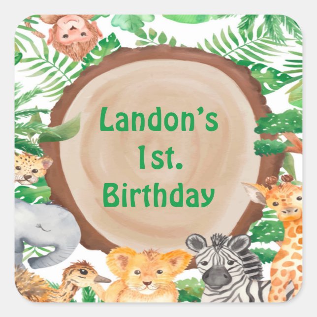 Sticker Carré Jungle Woodland Safari Animaux fête d'anniversaire (Devant)