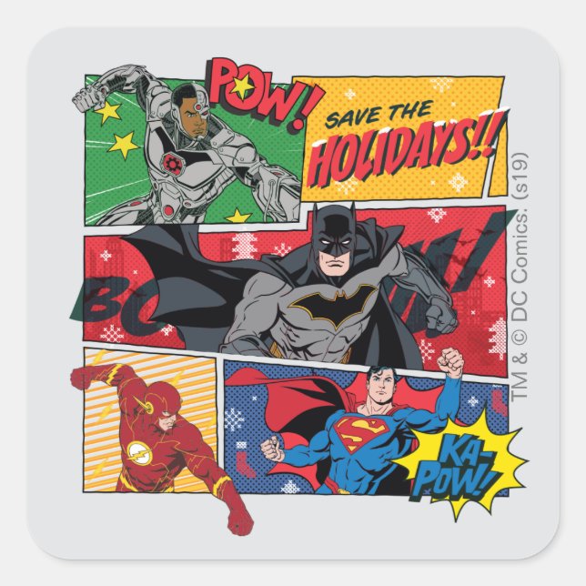 Sticker Carré Justice League "Sauvez les fêtes !" (Devant)