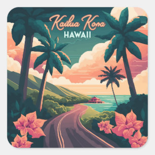 Sticker Carré Kailua Kona Hawaii Big Island Sunset Retro