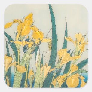 Sticker Carré Katsushika Hokusai - Grasshopper et Iris
