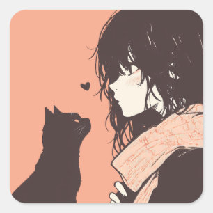 Sticker Carré Kawaii Anime Girl avec chat noir