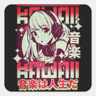 Sticker Carré Kawaii Anime Girl Retro Music