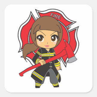 Sticker Carré Kawaii Brunette Fille pompier -