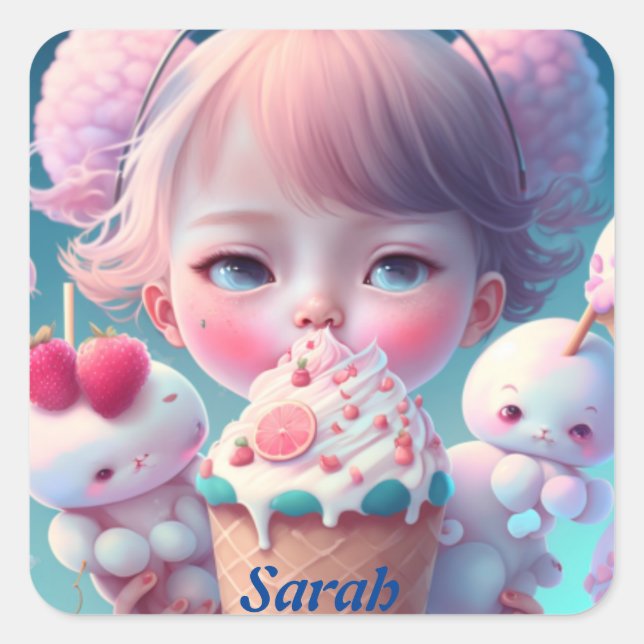 Sticker Carré Kawaii fille de crème glacée (Devant)