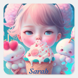Sticker Carré Kawaii fille de crème glacée