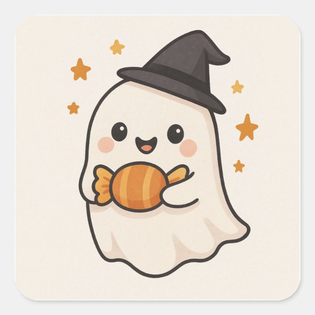 Sticker Carré Kawaii Ghost avec Halloween Candy (Devant)