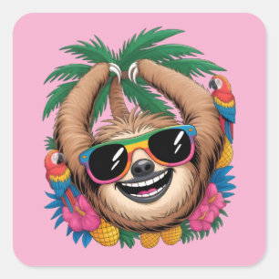 Sticker Carré Kawaii Paresseux Tropical – Vibrations Été Douces