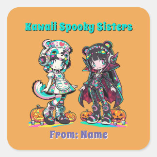 Sticker Carré Kawaii Spooky Sisters Anime Chibi Orange Halloween