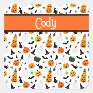 Sticker Carré Kid Halloween Ghost Citrouille Black Chat Personna