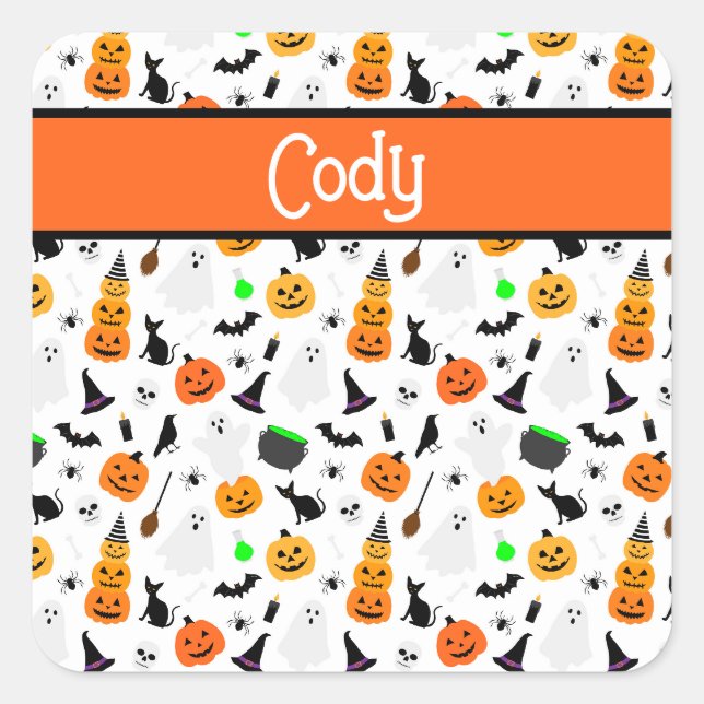 Sticker Carré Kid Halloween Ghost Citrouille Black Chat Personna (Devant)