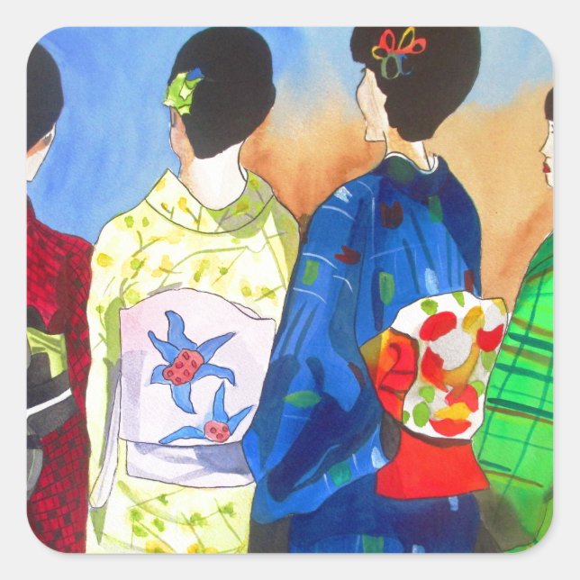 Sticker Carré Kimono de printemps japonais Geisha art (Devant)