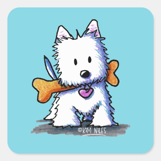 Sticker Carré KiniArt Westie avec os (Devant)