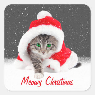 Sticker Carré Kitten à Santa Hat et Snowflakes